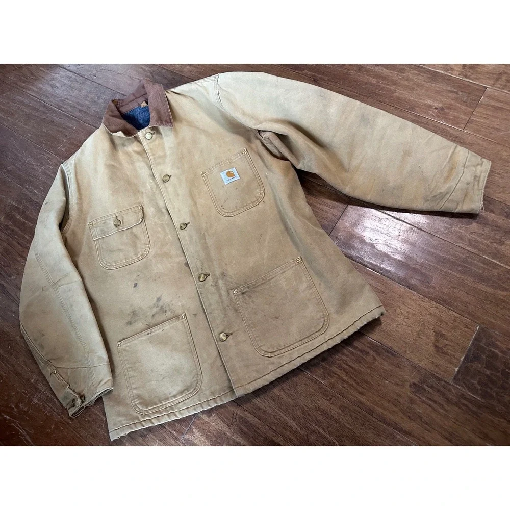 Vintage Carhartt Blanket Lined Duck Canvas Chore‎ Coat Jacket distressed rugged